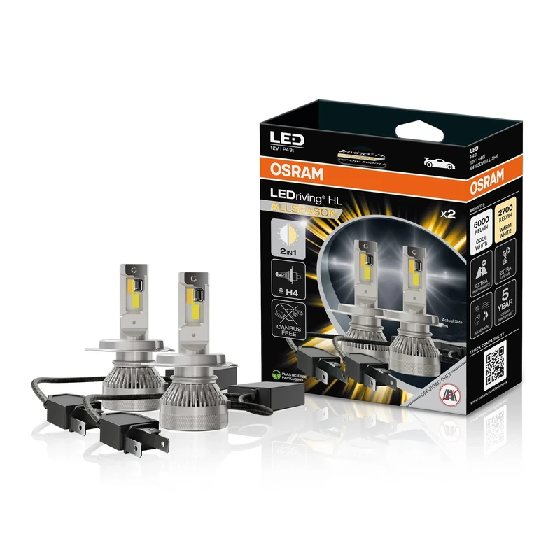 OSRAM LEDriving HL ALLSEASON ≜H4, LED high and low beam lamp, switchable light color from cool to warm white, 6000K to 2700K, offroad use only - no ECE, 2 lamps