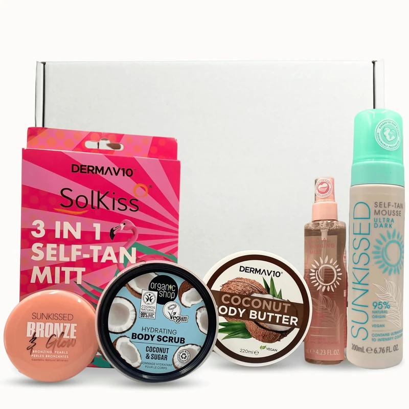 Self Tanning Kit, 6 Pieces – Facial Mist, Mousse, 3-in-1 Mitt, Scrub, Coconut Butter & Bronzing Pearls for Face & Body Glow (Ultra Dark)