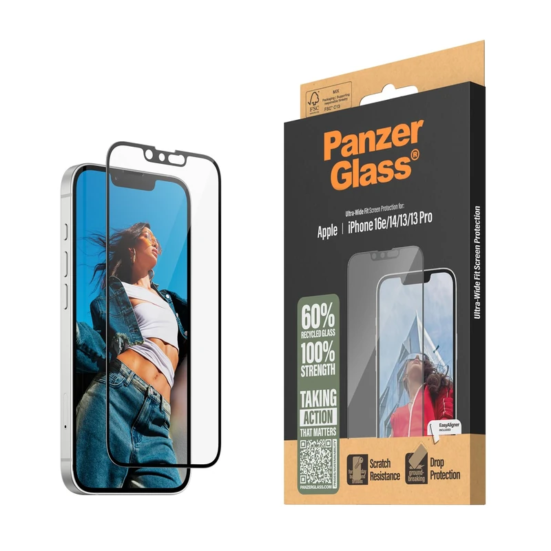 PanzerGlass Clear Screen Protector for iPhone 16e (2025) | 14 | 13 | 13 Pro - Ultra-Wide Fit, 60% Recycled Glass, Screen Protector Tempered Glass For iPhone 16e with Easy Installation Tool