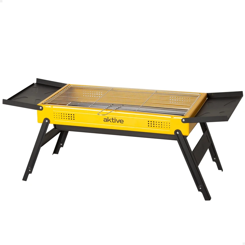 AKTIVE Folding charcoal barbecue, enamelled steel, 89 x 33 x 33 cm, folding side trays, stainless steel grill, removable tray, ventilation, portable design, for garden and camping (63124)