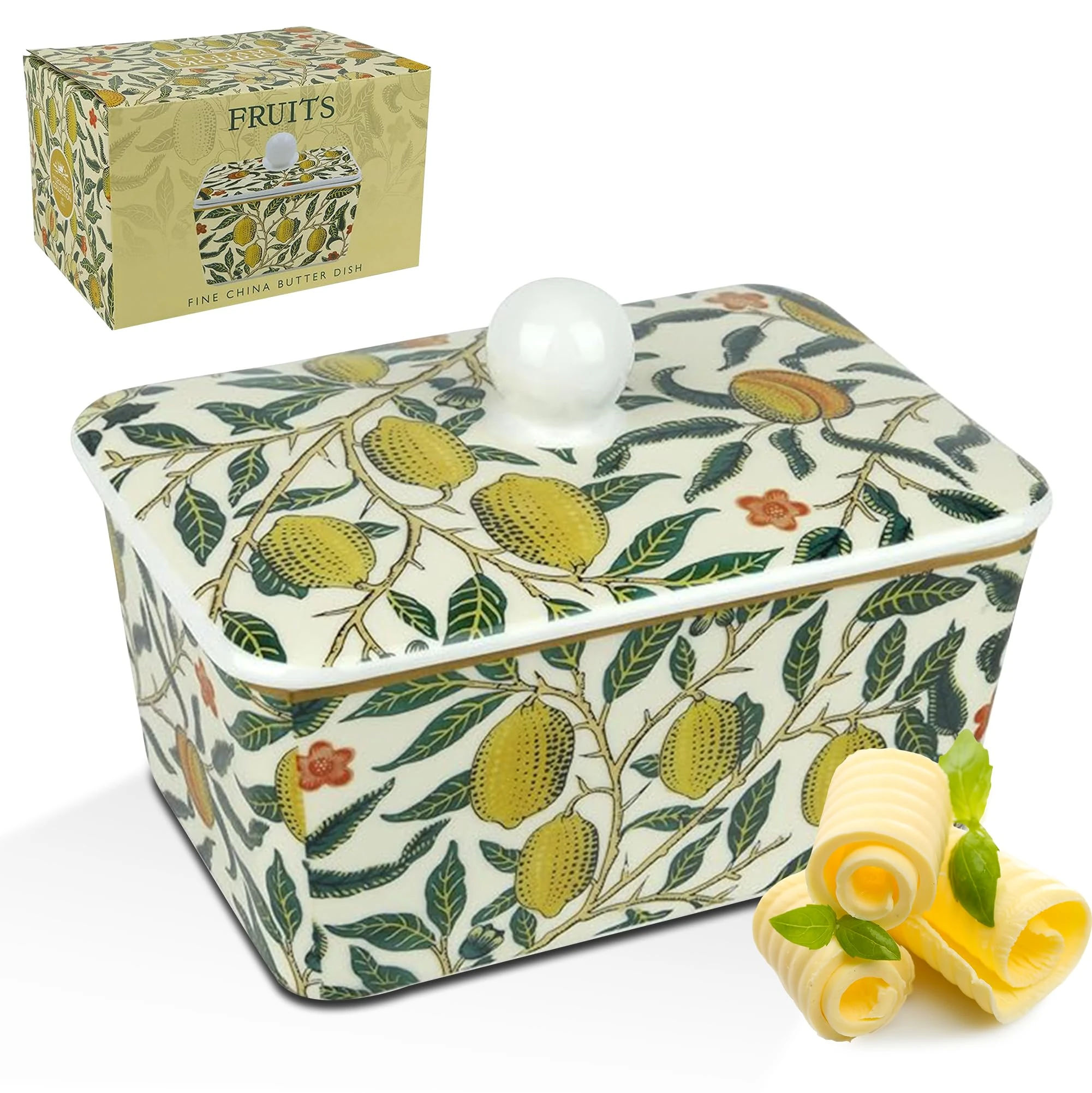 The Leonardo Collection Fruits Butter Dish by William Morris | Elegant Ceramic Butter Dish with Iconic Fruits Design | Perfect for Dining Table or Kitchen Display | Timeless and Functional
