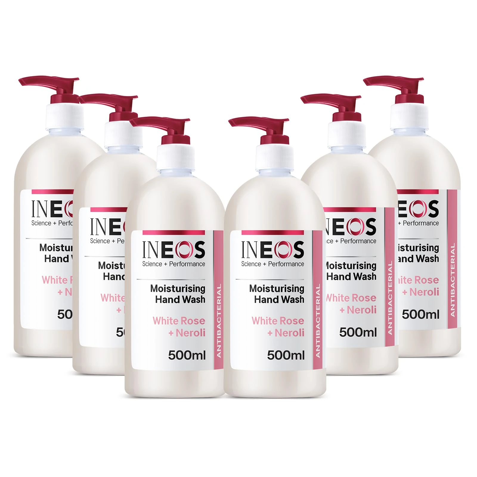 INEOS - Liquid Hand Soap - Moisturising Handwash - White Rose + Neroli - 6 Bottles x 500ml, Packaging May Vary