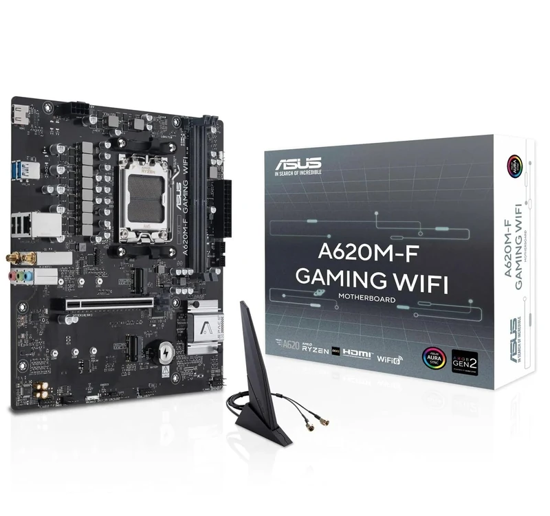 ASUS A620M-F GAMING WIFI, AMD mATX Motherboard, DDR5, 2x M.2 PCIe 4.0, HDMI, 2.5Gb Ethernet, USB 3.2 Gen 1 Type-A, SafeSlot Core+, Q-DIMM, Q-LED Core, Q-Slot, ASUS 5X PROTECTION III, Armoury Crate