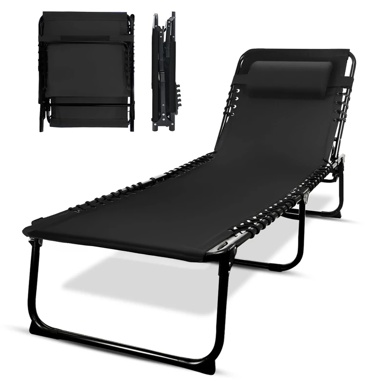 KEPLIN Foldable Recliner Sun Lounger - 600D Oxford Fabric - Adjustable Back and Leg Rests - Lightweight and Portable - Compact Space-Saving Design - Durable Outdoor Use - 190 x 65 x 30 cm (Black)