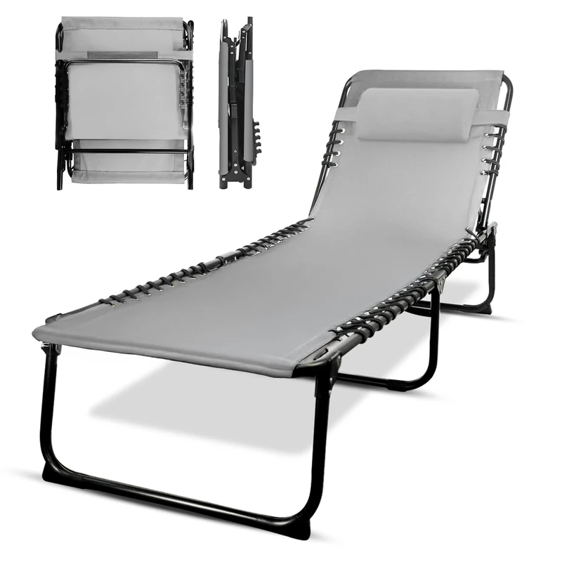 KEPLIN Foldable Recliner Sun Lounger - 600D Oxford Fabric - Adjustable Back and Leg Rests - Lightweight and Portable - Compact Space-Saving Design - Durable Outdoor Use - 190 x 65 x 30 cm (Grey)