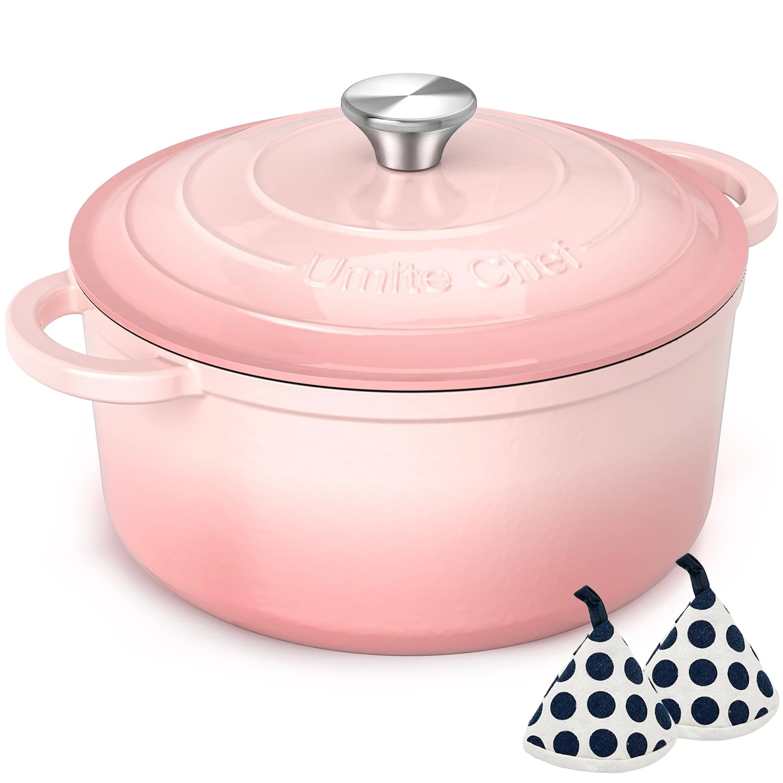 Umite Chef 5QT Enameled Cast Iron Dutch Oven Pot with Lid, Heavy-Duty Cookware for Bread Baking, Braising, Stews, Roasting, Wedding Registry Ideas & Gifts (Pink)