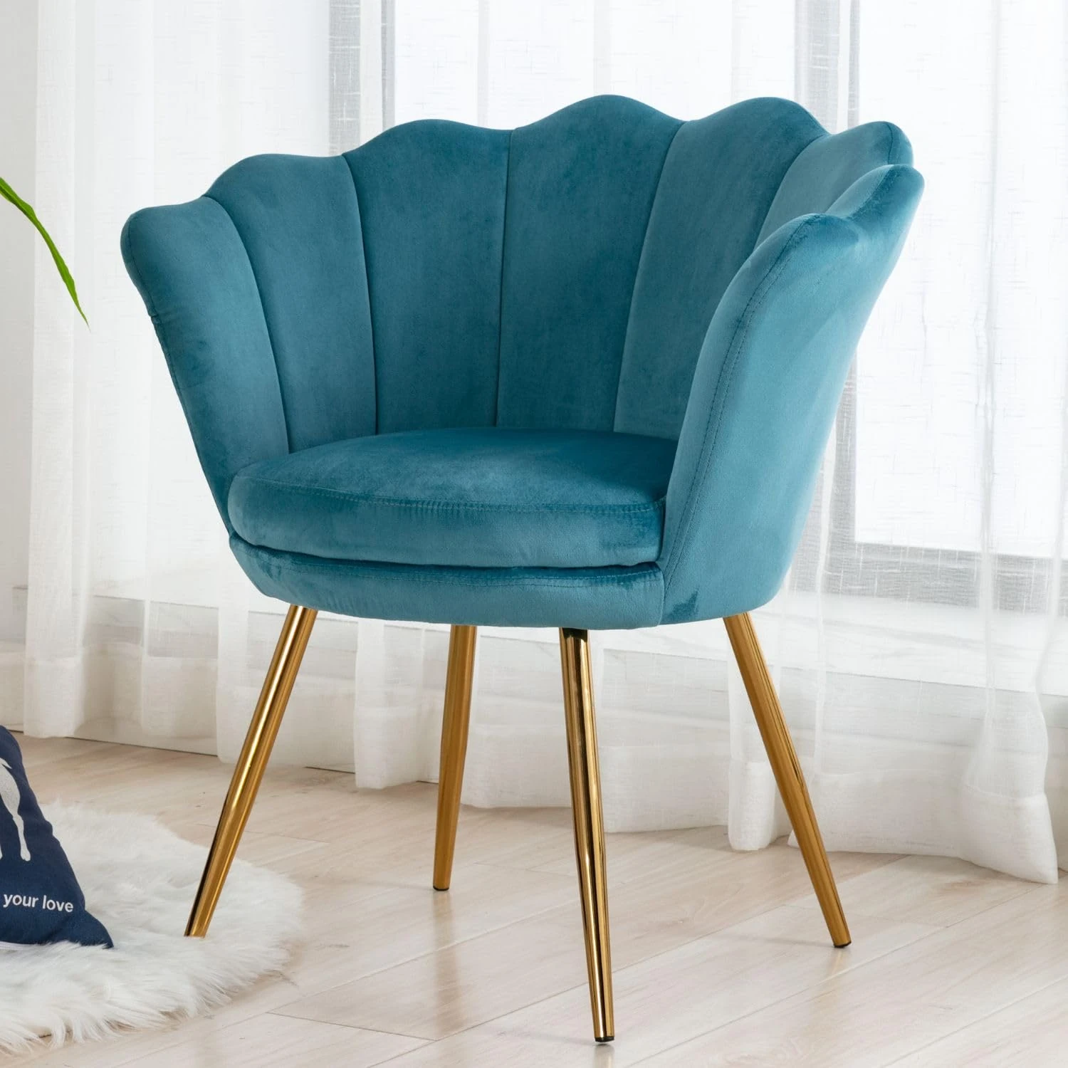 chairus Velvet Accent Chair Modern Petal Armchair with Golden Legs Upholstered Lounge Chair for Living Room/Bedroom, Blue