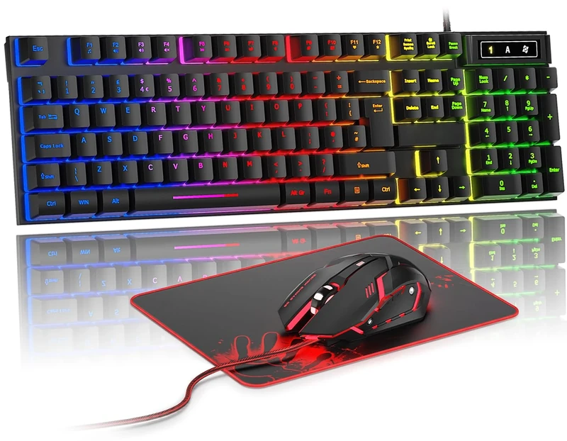 Rewurnth Gaming Keyboard and Mouse Set, UK Layout, RGB Backlit Wired Keyboard, Ergonomic 4-Color LED Gaming Mouse, Large Mousepad, USB Plug & Play for PC, Mac, PS4, Xbox