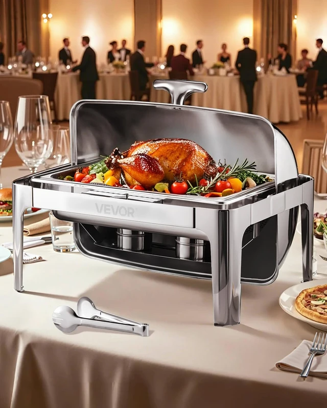 VEVOR Roll Top Chafing Dish Buffet Complete Set, 9Qt Stainless Steel Chafer with Full Size Pan, Rectangle Catering Warmer Server with Lid Water Pan Folding Stand Fuel Holder Meal Clip, Silver
