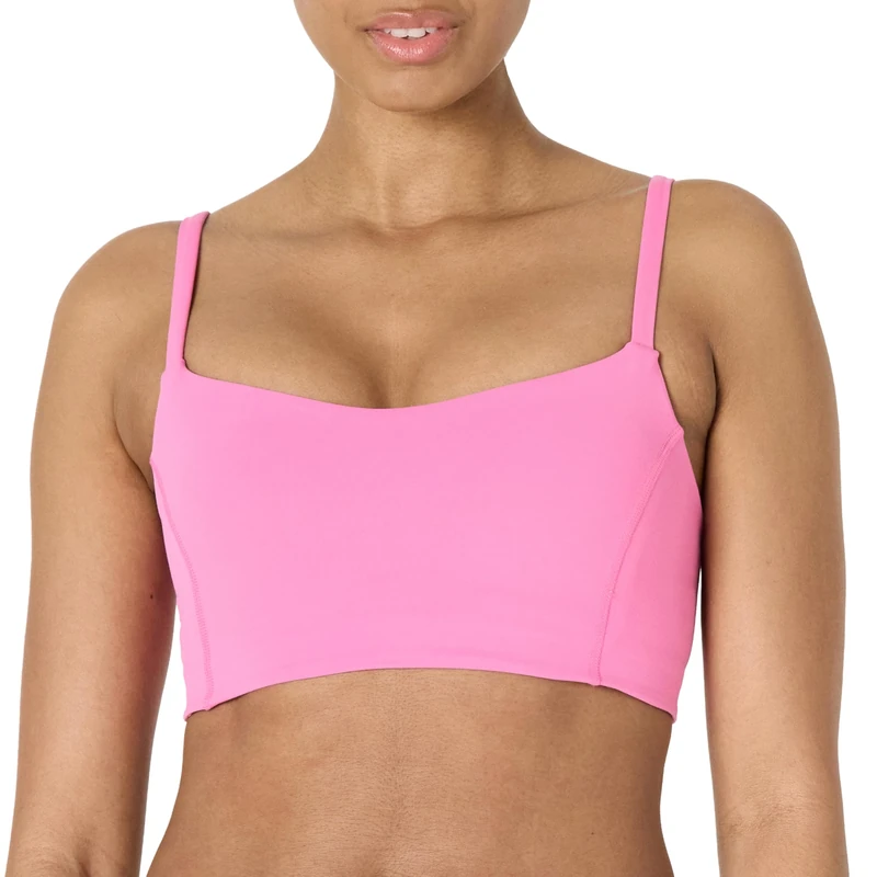 Amazon Essentials Women's Active FormFlex Buttery Soft Light Support Sweetheart Neck Yoga Sports Bra, Flamingo Pink, M
