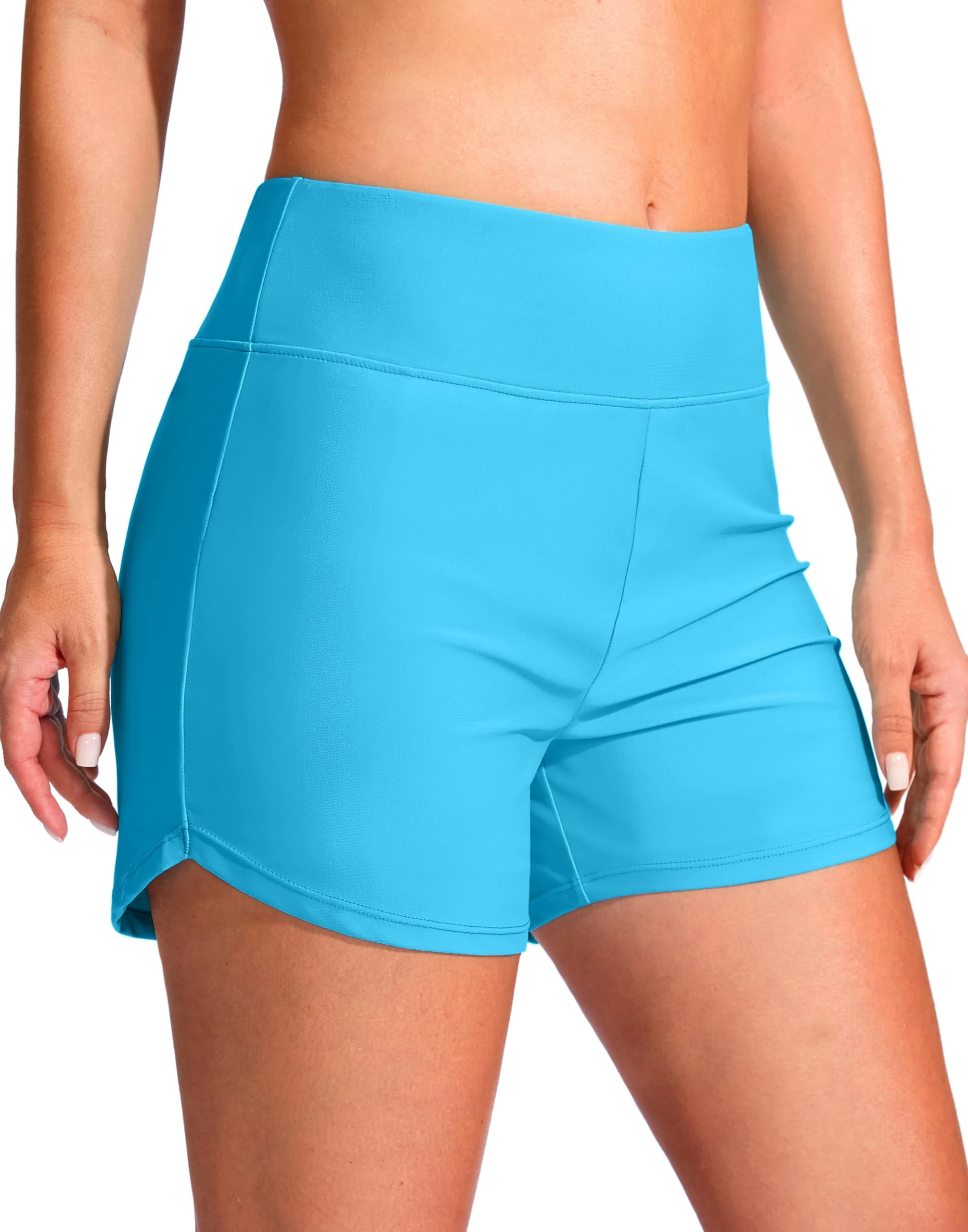 G Gradual Women's 4" Swim Board Shorts High Waisted Tummy Control Swimsuit Bathing Suit Bottoms for Women with Liner Pocket, Sky Blue, Medium