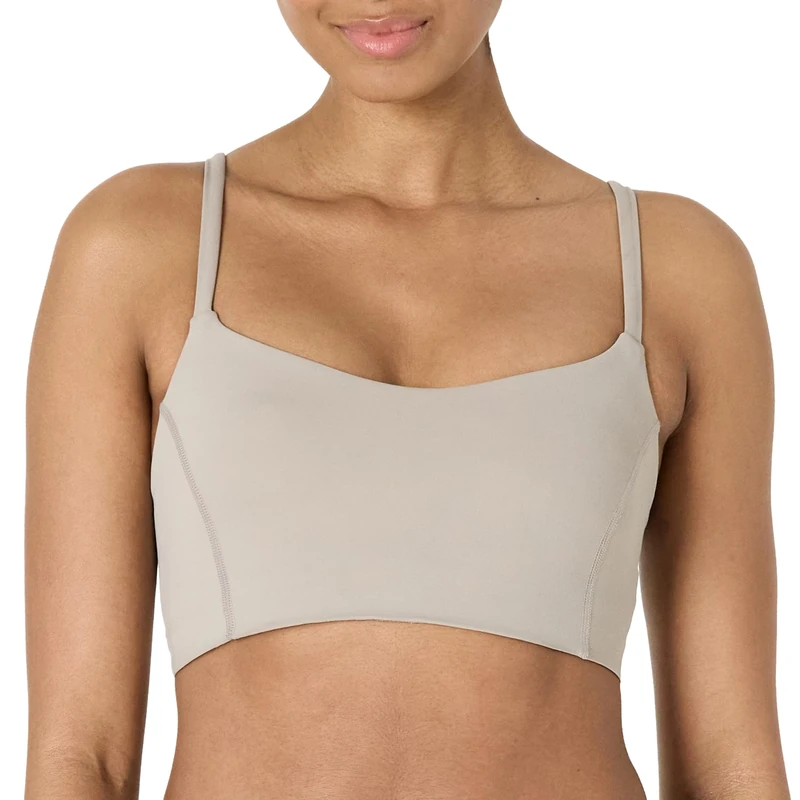 Amazon Essentials Women's Active FormFlex Buttery Soft Light Support Sweetheart Neck Yoga Sports Bra, Taupe, L