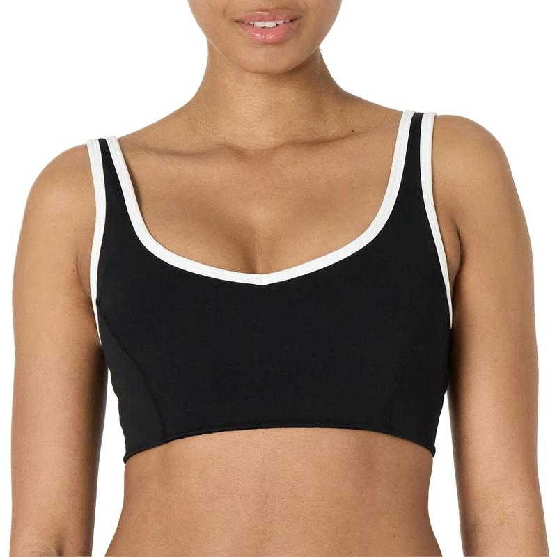 Amazon Essentials Women's Active FormFlex Buttery Soft Light Support V-Neck Sports Bra with Contrast Trim, Black/White, L