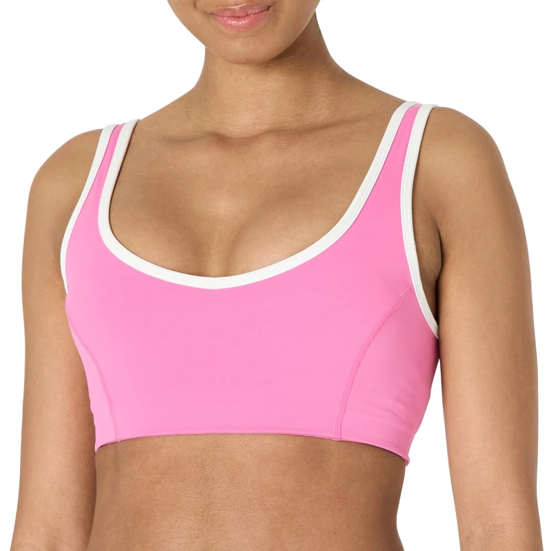 Amazon Essentials Women's Active FormFlex Buttery Soft Light Support V-Neck Sports Bra with Contrast Trim, Flamingo Pink/White, L - Image 1