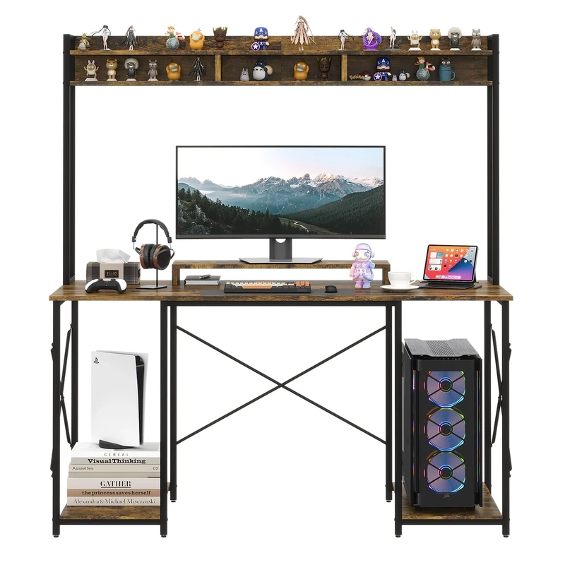 JUMMICO Office Desk Computer Table 115 x 157x 60 cm with Storage Shelf & Monitor Stand, Gaming Table Workstation for Home Office, Brown