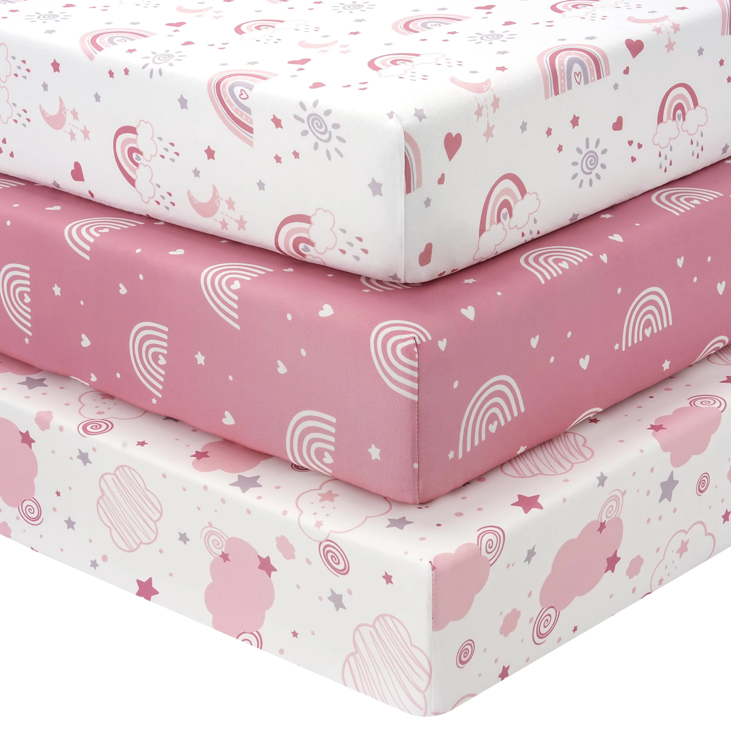 FIEMOL Cot Bed Sheets 140 x 70cm Fitted, 3 Pack Baby Cot Sheets, Ultra Soft & Silky Smooth Microfiber Toddler Bed Sheets Pink Rainbow