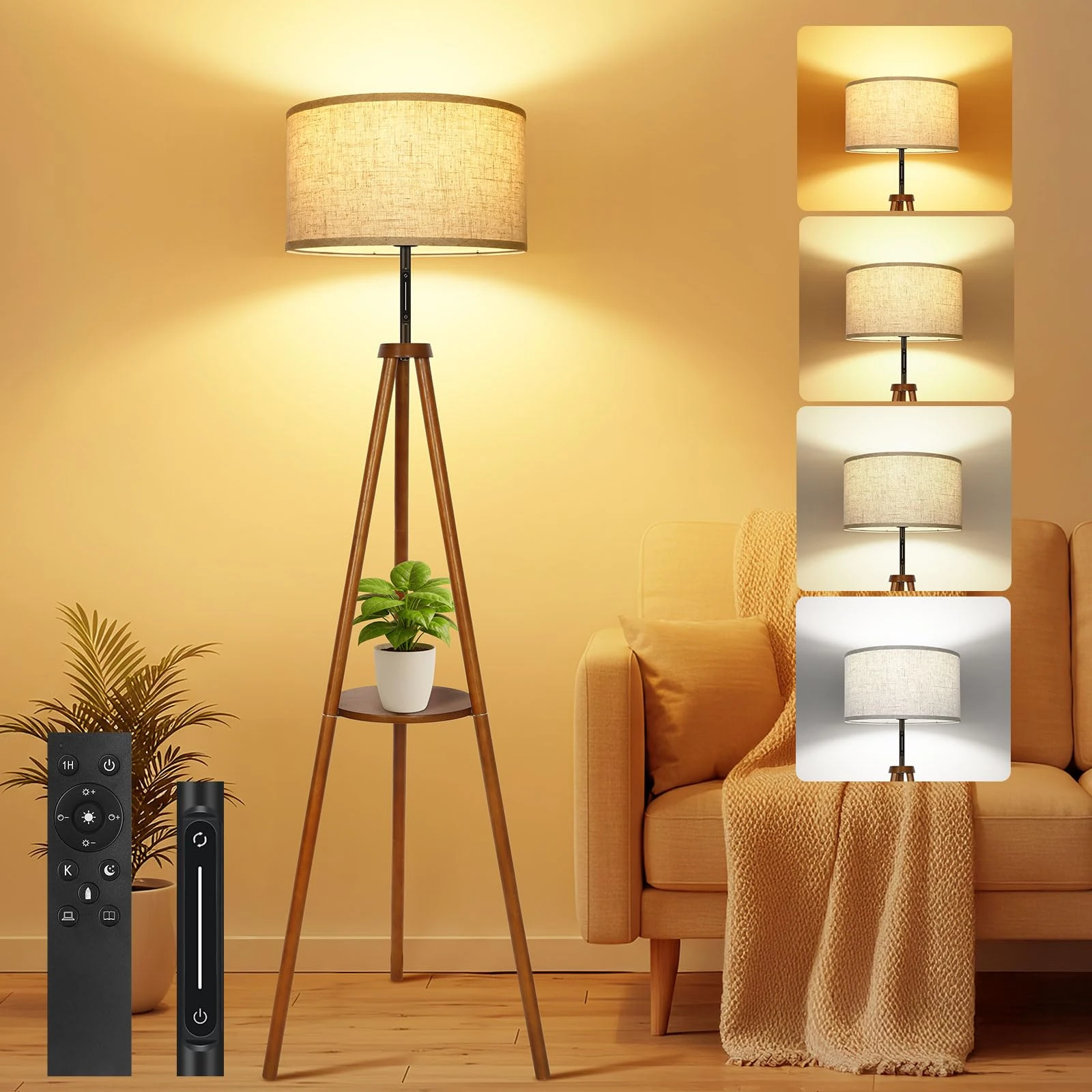 OUTON Solid Wooden Tripod Floor Lamp, Touch Control, Standing Lamp with Remote Control, Dimmable & 4 Color Temperatures, 1H Timer, LED Floor Lamp with Storage Shelf Linen Shade for Living Room Bedroom