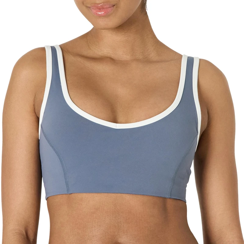 Amazon Essentials Women's Active FormFlex Buttery Soft Light Support V-Neck Sports Bra with Contrast Trim, Slate Grey/White, L