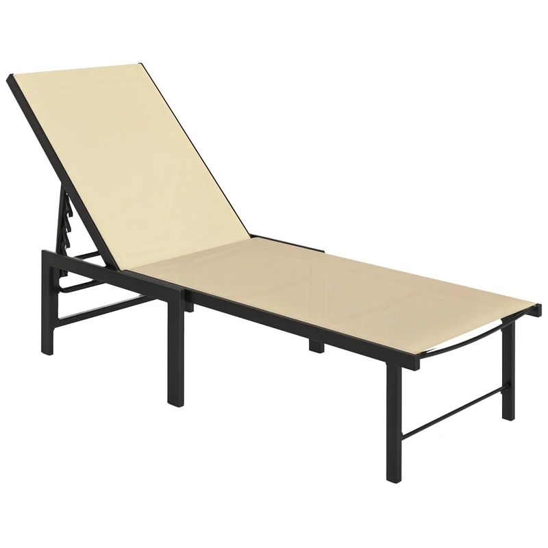 Outsunny Sun Lounger for Garden, 5-Level Adjustable Reclining Sun Lounger Chair, Flat Garden Lounger Sunbed with Texteline Seat, Steel Frame for Patio, Beach, Khaki