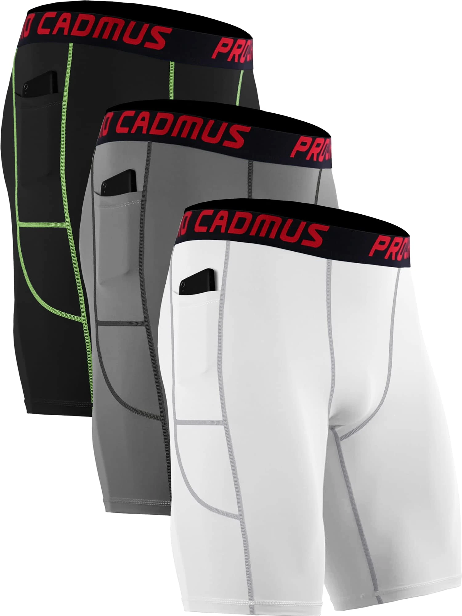 Cadmus 3 Pack Compression Shorts Men Sports Underwear Base Layer Spandex Cycling Shorts Running Workout Gym with Side Pockets,Black & Grey & White,2XL