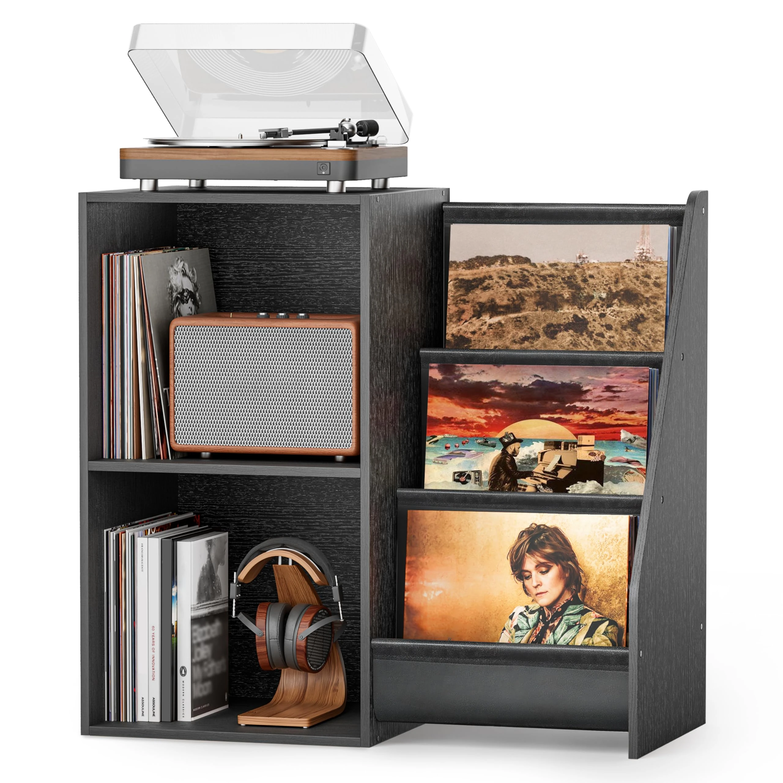 Bikoney Record Player Stand with Vinyl Record Storage – Turntable Table with Display Shelf, Holds 220 Albums, Media Console Cabinet for Stereo & Audio Equipment (Vintage Black)