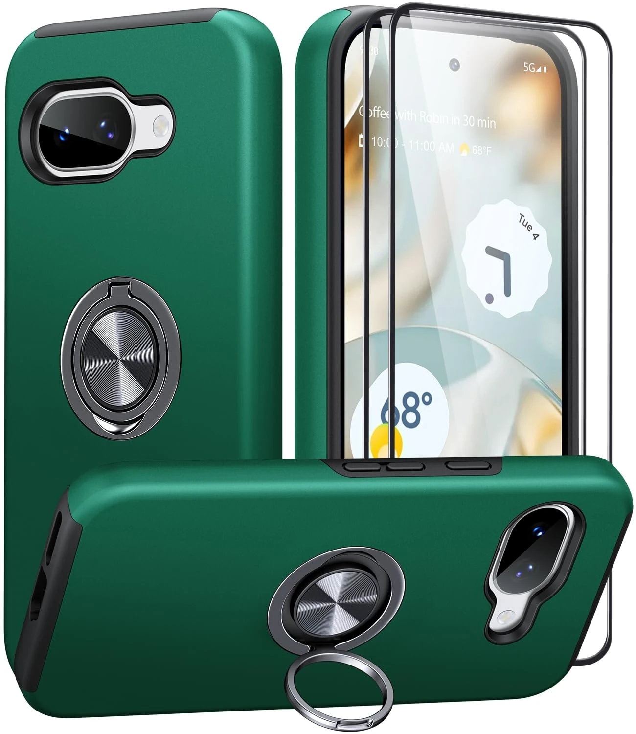 AOUIA for Google Pixel 9A Case with 2-Pack Screen Protector, 3-in-1 Set Cover, 360°Rotating Metal Ring Stand Anti-Scratch Shockproof Phone Case for Google Pixel 9A 6.3", Deep Green