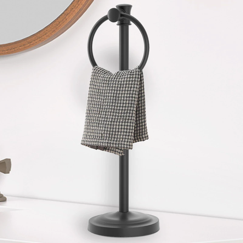 Hoimpro 17 Inch Stand Hand Towel Holder Towel Bar Towel Hanging Ring, Free Standing Floor Hand Towel Rack Storage for Bathroom Kitchen Vanity Countertops, Hardware Accessories(Matte Black)