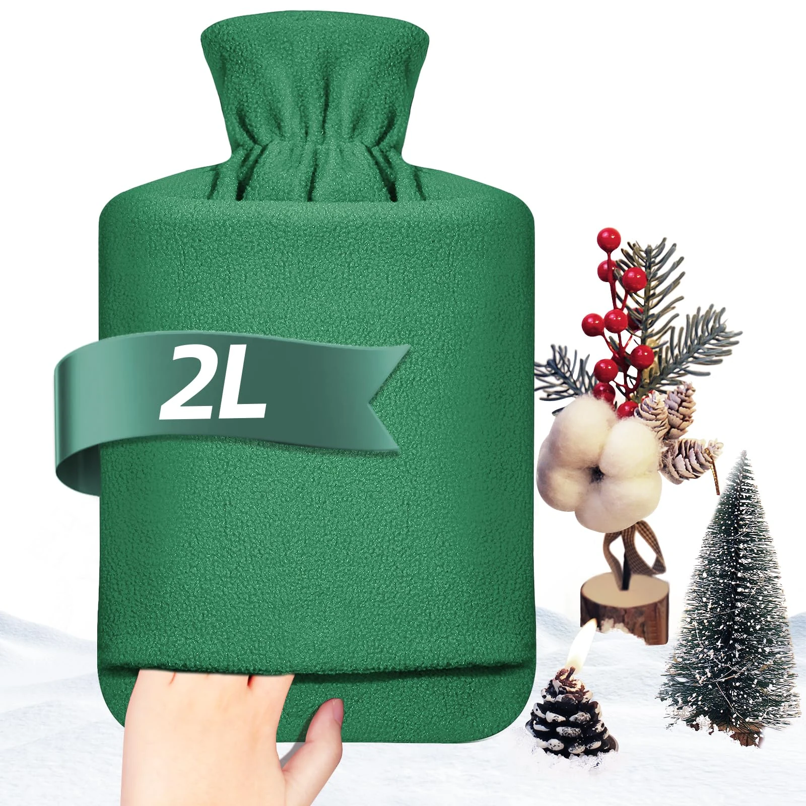 MUPAS Hot Water Bottle with Fleece Cover - 2L Large Leakproof Hot Water Bag - Soft Hot Water Bottle with Hand Pocket and Natural Rubber -for Hands, Feet, Shoulders, Neck, Abdomen, Legs (Green)