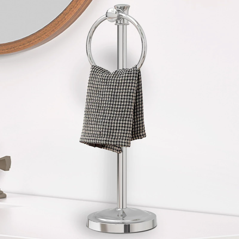 Hoimpro 17 Inch Stand Hand Towel Holder Towel Bar Towel Hanging Ring, Free Standing Floor Hand Towel Rack Storage for Bathroom Kitchen Vanity Countertops, Hardware Accessories(Polished Chrome)