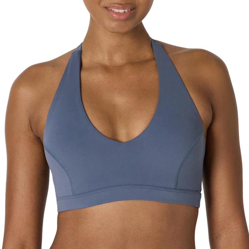 Amazon Essentials Women's Active FormFlex Buttery Soft Light Support Halter V-Neck Sports Bra, Slate Grey, L