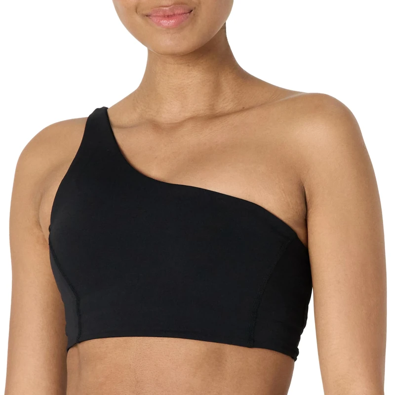 Amazon Essentials Women's Active FormFlex Buttery Soft Light Support One-Shoulder Strappy Back Sports Bra, Black, XXL