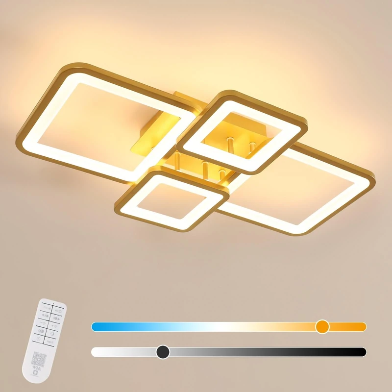 Comely LED Ceiling Lights, 54W Modern Dimmable Light with Remote Control, Elegant Gold 4 Square Chandelier for Living Room Bedroom Kitchen, 3000K-6500K