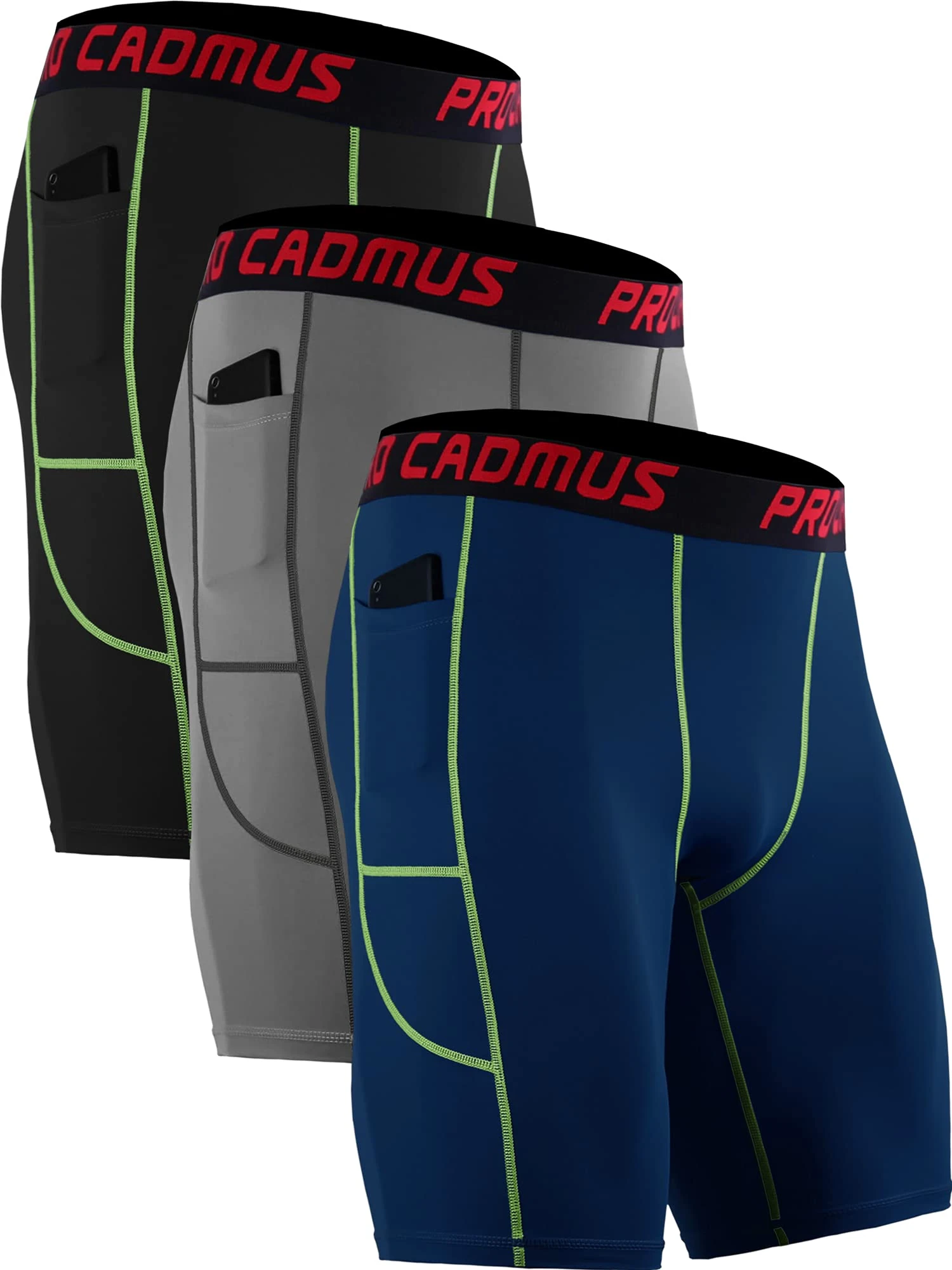 Cadmus 3 Pack Compression Shorts Men Sports Underwear Base Layer Spandex Cycling Shorts Running Workout Gym with Side Pockets,Black & Grey & Navy Blue,2XL