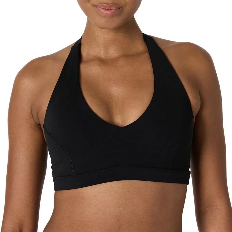 Amazon Essentials Women's Active FormFlex Buttery Soft Light Support Halter V-Neck Sports Bra, Black, L