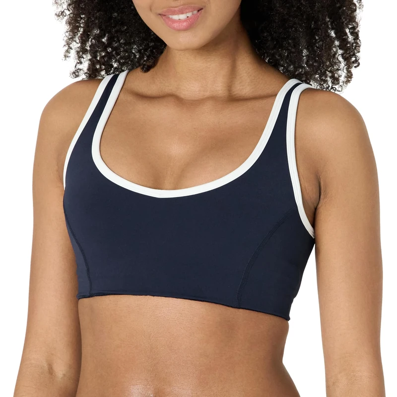 Amazon Essentials Women's Active FormFlex Buttery Soft Light Support V-Neck Sports Bra with Contrast Trim, Navy/White, L