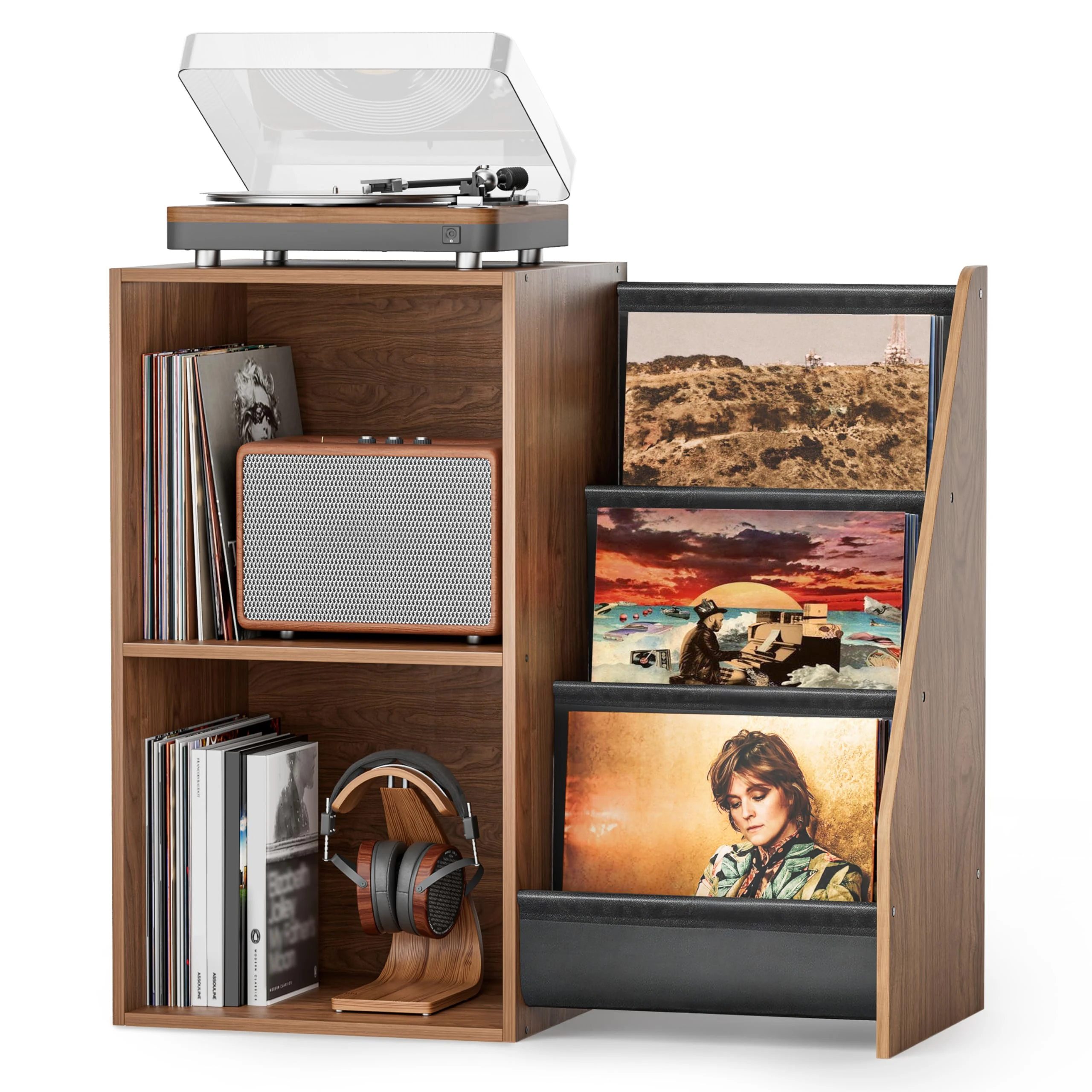 Bikoney Record Player Stand with Vinyl Record Storage – Turntable Table with Display Shelf, Holds 220 Albums, Media Console Cabinet for Stereo & Audio Equipment (Walnut)