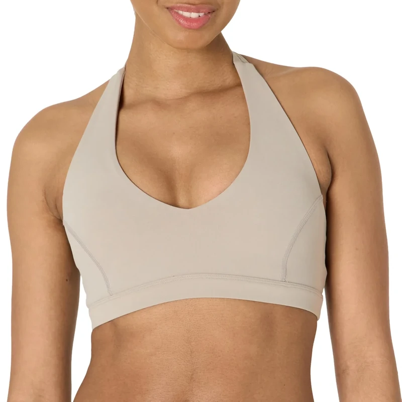 Amazon Essentials Women's Active FormFlex Buttery Soft Light Support Halter V-Neck Sports Bra, Taupe, L