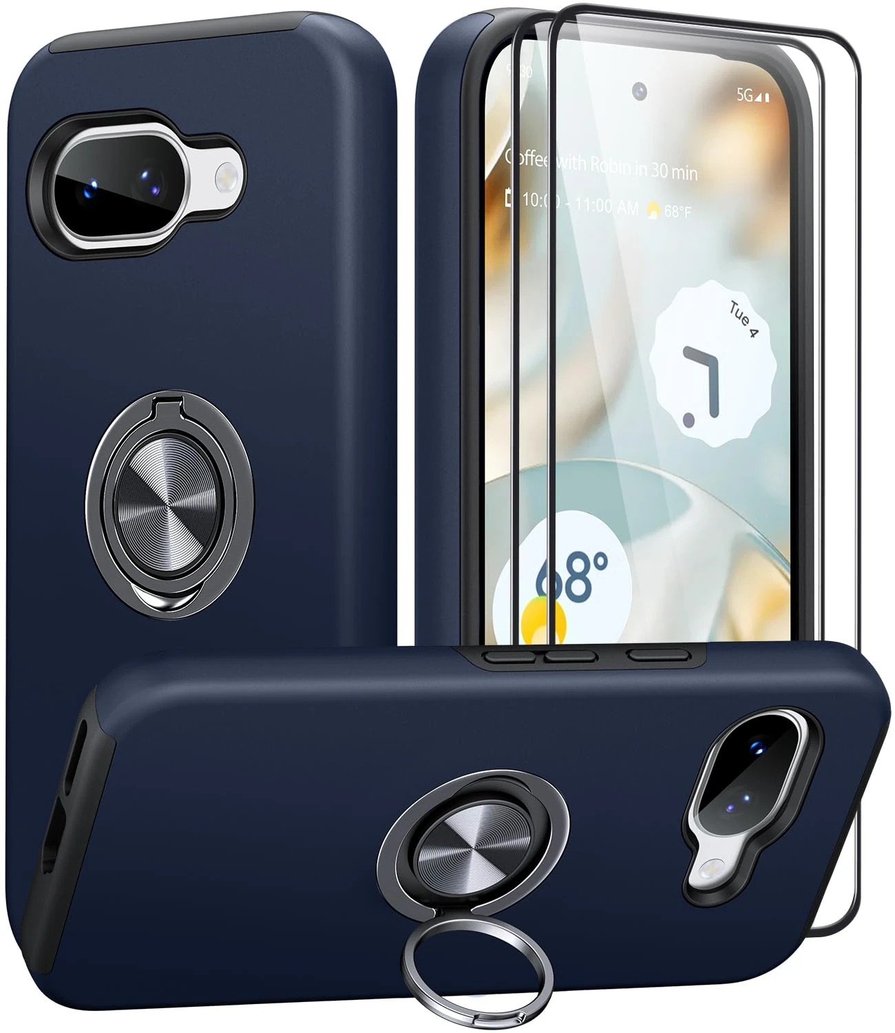 AOUIA for Google Pixel 9A Case with 2-Pack Screen Protector, 3-in-1 Set Cover, 360°Rotating Metal Ring Stand Anti-Scratch Shockproof Phone Case for Google Pixel 9A 6.3", Navy Blue