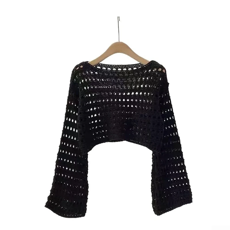 Lightweight Crochet Knitted Sweater Top, Women Long Sleeve Beach Bikini Cover Up, Summer Style (Black)