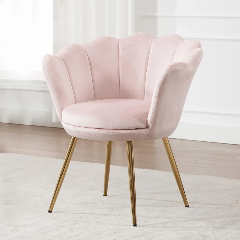 Ya-Home Velvet Accent Chair Upholstered Lounge Armchair with Golden Legs, Modern Petal Side Chair Corner Chair for Living Room/Bedroom, Light Pink