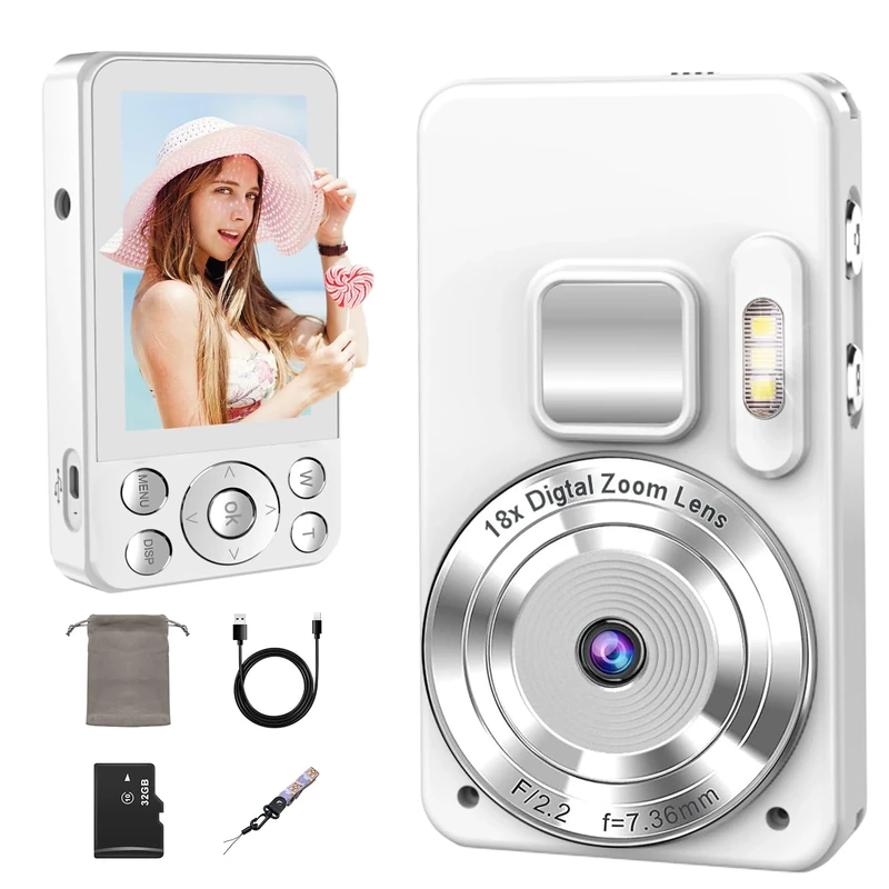 4K Digital Camera,HD 64MP and 18X Digital Zoom Autofocus, with 32G Memory Card, 2.8" Large Screen, Compact Rechargeable Design for beginners（WHITE）