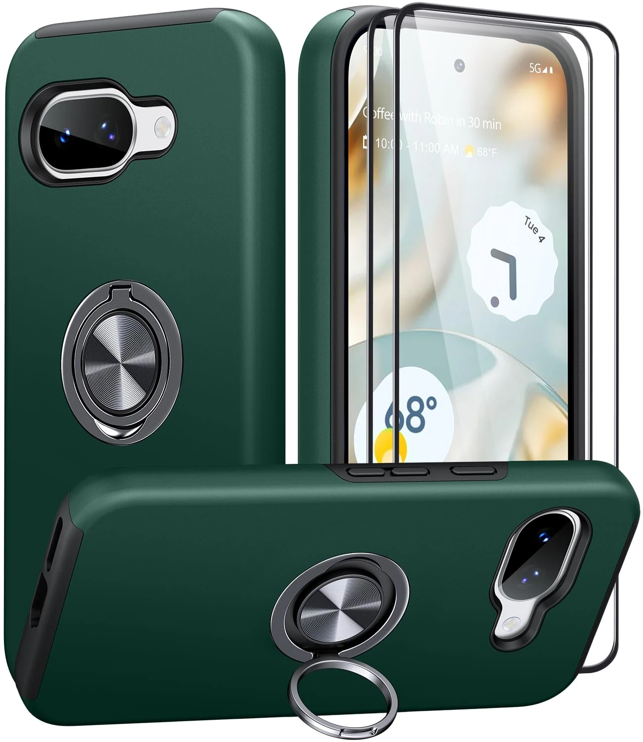 AOUIA for Google Pixel 9A Case with 2-Pack Screen Protector, 3-in-1 Set Cover, 360°Rotating Metal Ring Stand Anti-Scratch Shockproof Phone Case for Google Pixel 9A 6.3", Blackish Green