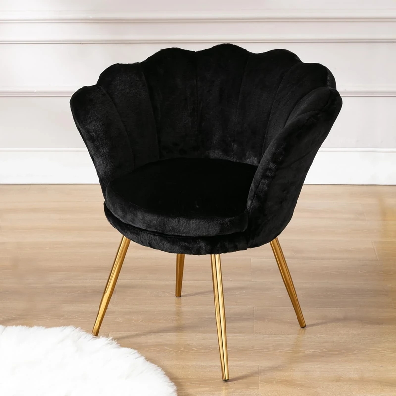 Ya-Home Faux Fur Accent Chair Upholstered Lounge Armchair with Golden Legs, Modern Petal Side Chair for Living Room/Bedroom, Black