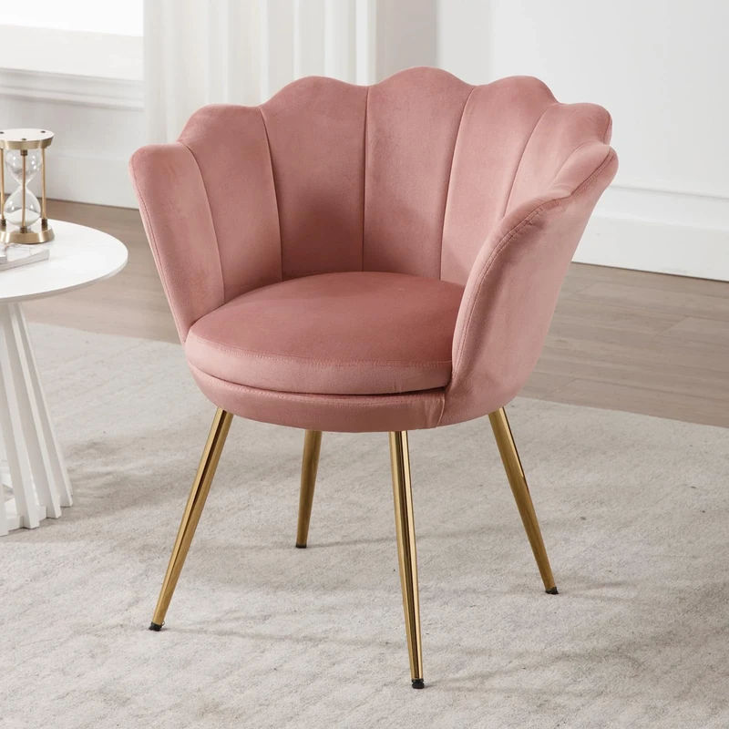Ya-Home Velvet Accent Chair Upholstered Lounge Armchair with Golden Legs, Modern Petal Side Chair Corner Chair for Living Room/Bedroom, Dark Pink