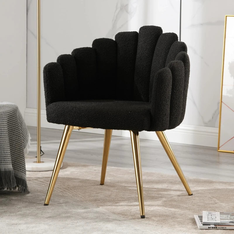 Ya-Home Armchair Faux Fur Soft Padded Lounge Chair with Metal Legs, Modern Vanity Chair for Bedroom/Living Room, Black