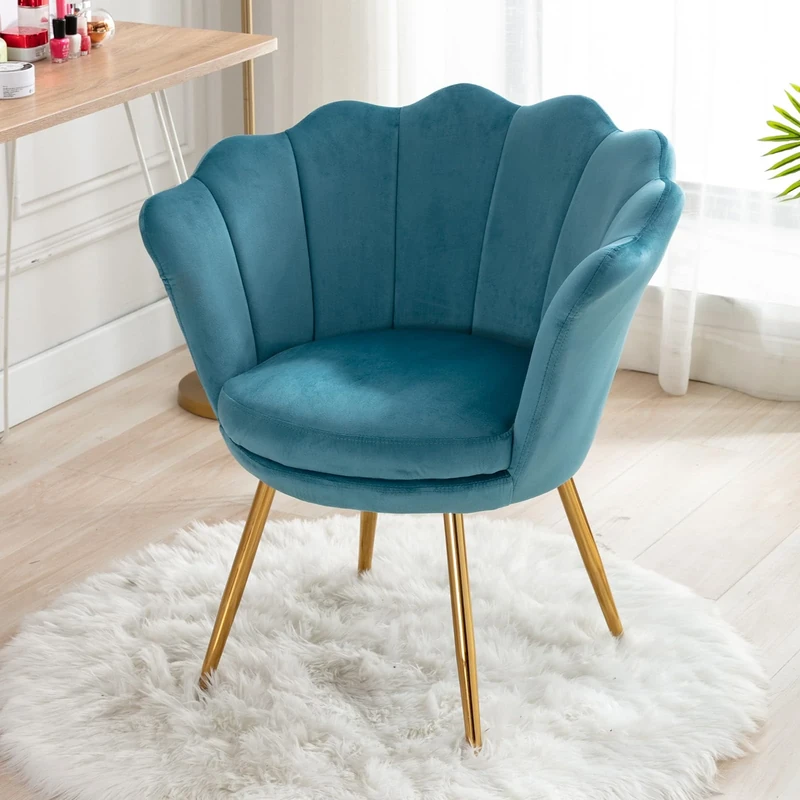 Ya-Home Velvet Accent Chair Upholstered Lounge Armchair with Golden Legs, Modern Petal Side Chair Corner Chair for Living Room/Bedroom, Blue