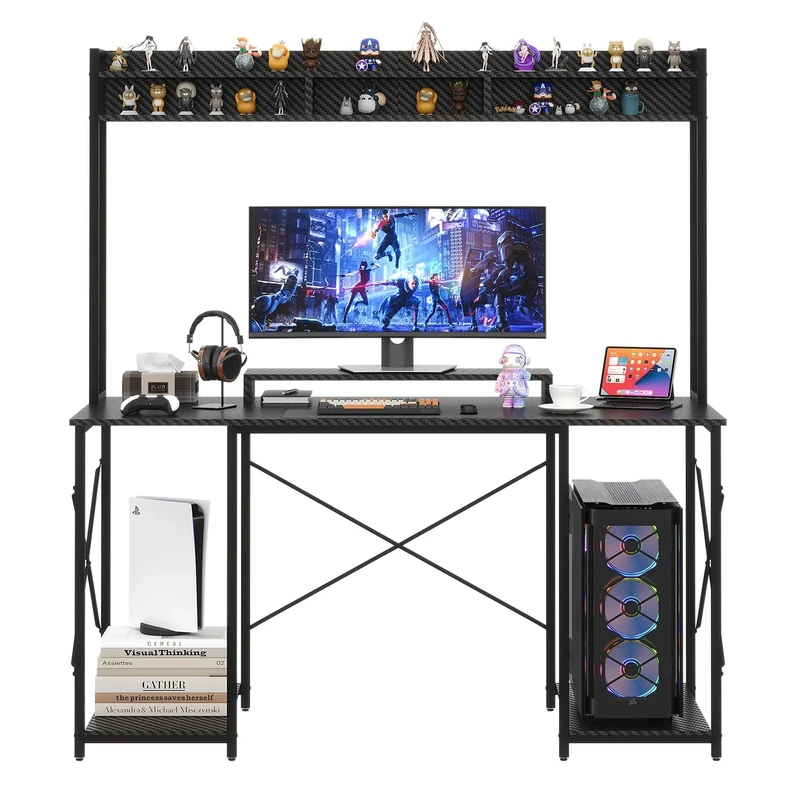 JUMMICO Office Desk Computer Table 115 x 157 x 60 cm with Storage Shelf & Monitor Stand, Gaming Table Workstation for Home Office, Black