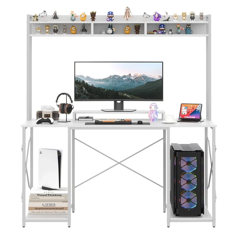 JUMMICO Office Desk Computer Table 115 x 157x 60 cm with Storage Shelf & Monitor Stand, Gaming Table Workstation for Home Office, White