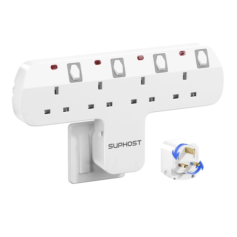 SUPHOST Plug Extension Socket, 4 Way Plug Adapter with 180 Degree Rotating UK Plug, 13A Fused Multi Plug Adaptor with 4 Independent Switches, Wall Socket Extension for Home Office Kitchen