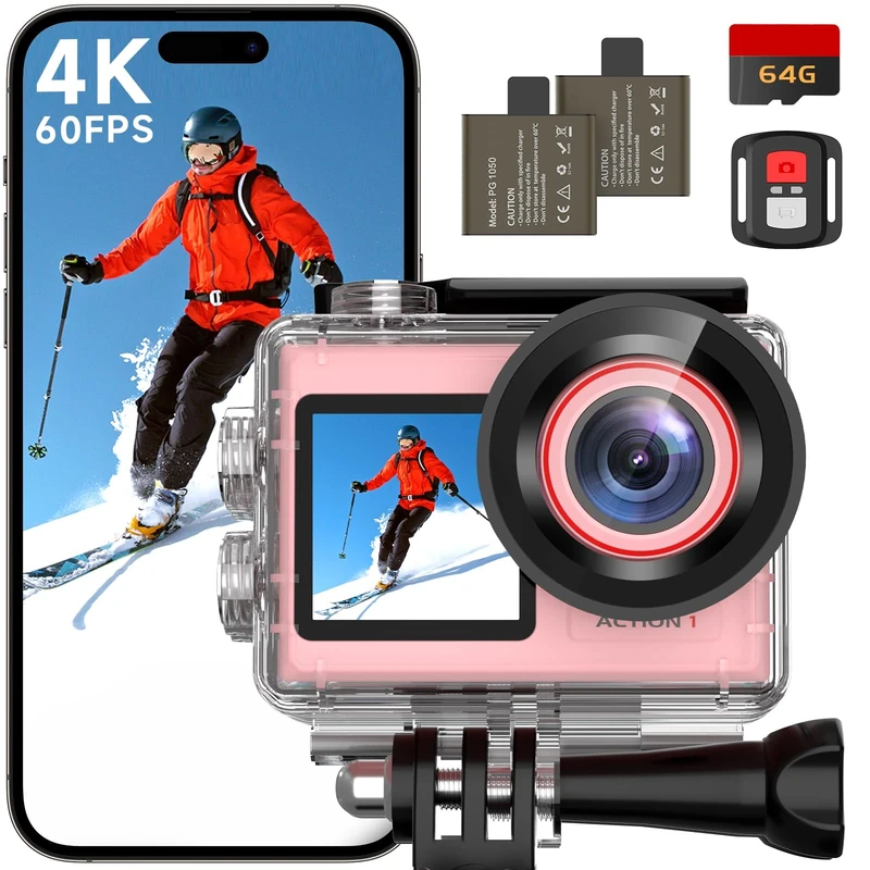 syndesmos Action Camera 4K 60FPS, Dual Touch Screen, 40M Ultra HD Underwater Camera, 30MP EIS Anti-Shake WiFi Action Cam with 64GB Card, Remote Control, Waterproof Case (Pink)